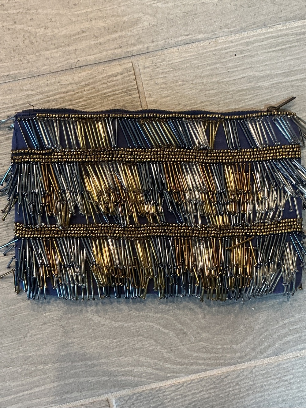 Anthropologie Jasper & Jeera Beaded Navy and Gold Fringe Clutch Bag Top Zip